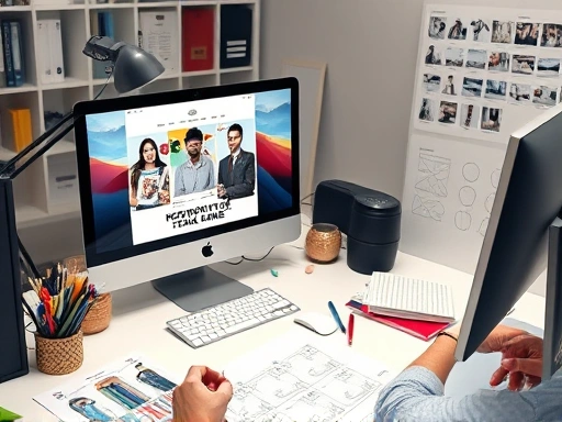 A professional graphic designer working on Instagram ad creatives on a desktop computer, surrounded by design tools and concept sketches, conveying expertise and creativity.