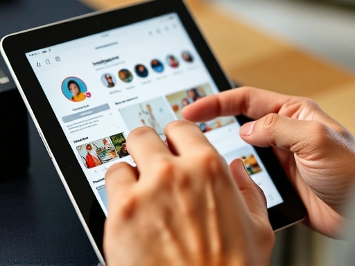Close-up of hands interacting with an Instagram app on a tablet, showing detailed analytics or content creation tools, emphasizing practical steps for engagement and growth.