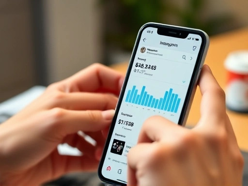 A close-up shot of a smartphone screen displaying Instagram video analytics, with subtle background blur of a creator's hands typing on a keyboard, emphasizing data analysis and strategic decision-making for monetization, bright and clean visuals.