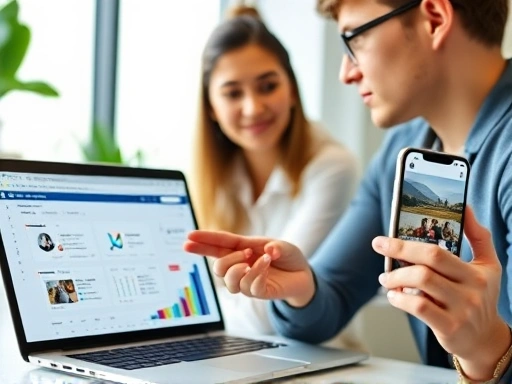 A modern creator explaining monetization strategies for Instagram video content, showing a laptop with analytics and a smartphone with Instagram app, focus on professionalism and clear explanation, vibrant colors, close-up, natural light, modern office setting.