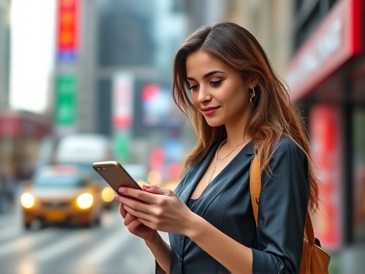 A confident female content creator looking at her phone, standing in front of a blurred background of a vibrant city street, symbolizing modern digital influence and growth, embodying Instagram influencer journey and social media strategy.