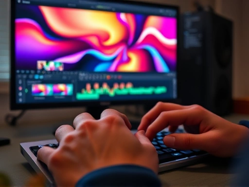 Close-up of hands typing on a keyboard, with a vibrant Instagram Reels video playing on the monitor in the background, showcasing the intricate editing process and dynamic visual elements, symbolizing expertise.