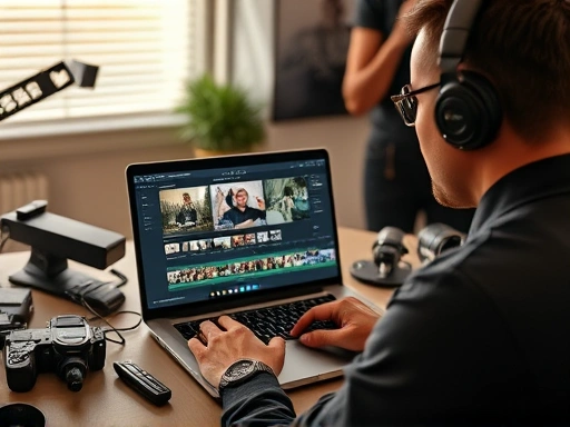 A professional video editor working on a laptop, with Instagram Reels footage on the screen, surrounded by creative tools and a focus on detail, embodying expertise and modern workflow.