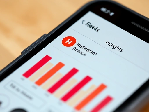 A close-up shot of a smartphone screen displaying Instagram Reels Insights, with a bar chart showing hashtag performance and reach, emphasizing data analysis.
