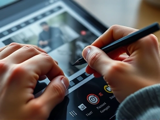 Close-up of a hand holding a stylus, designing a sleek Instagram story template on a tablet screen, with various design elements and a modern user interface visible. Focus on detailed creative work.