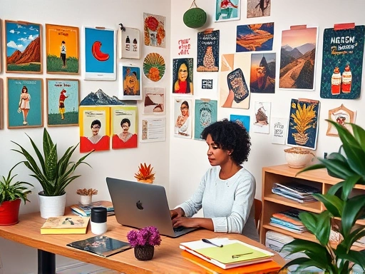 A vibrant, creative workspace with a designer working on a laptop, surrounded by mood boards and digital art, showcasing the process of designing Instagram story templates. High resolution, professional setting, digital art tools visible.