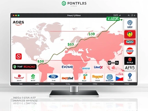 A diverse global stock portfolio with various company logos, showing rising dividend payments and stable growth on a digital screen, symbolizing wealth and passive income, with a clean, professional financial environment background.