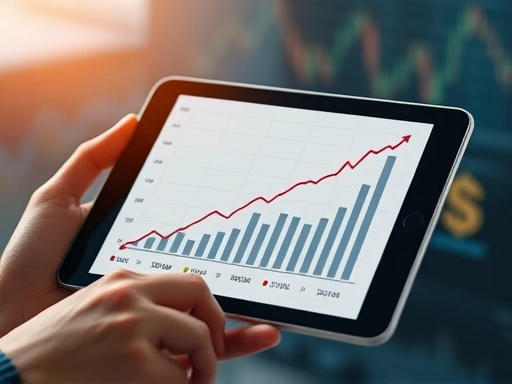 Close-up view of a hand holding a tablet displaying a financial chart with an upward trend, focusing on dividend payouts and rebalancing strategies, with a subtle background of international currency symbols, emphasizing financial management and growth.