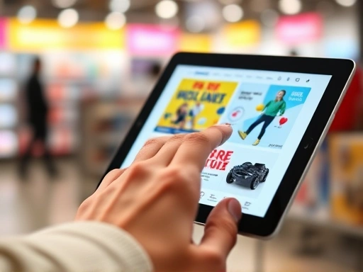 A close-up shot of a hand tapping on a tablet screen showing Interpark's promotional campaign page, with blurred colorful product advertisements in the background, highlighting active marketing engagement and digital sales.