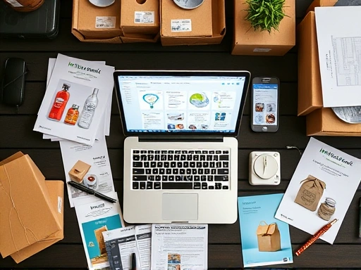 A detailed top-down view of an e-commerce seller's desk with a laptop displaying the Interpark seller center dashboard, surrounded by product samples, shipping boxes, and marketing materials, emphasizing organization and a comprehensive strategy.