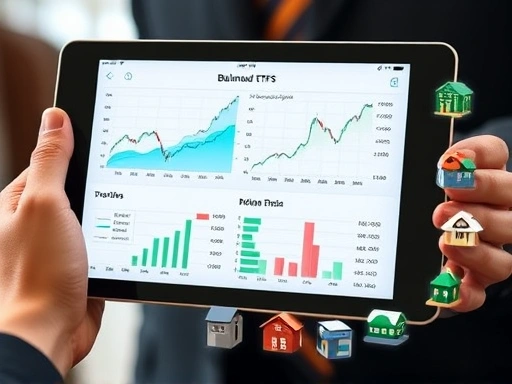 Close-up of a hand holding a tablet displaying a balanced ETF portfolio, with charts showing stable growth and risk mitigation, surrounded by small icons of different asset types like stocks, bonds, and real estate, emphasizing detail.