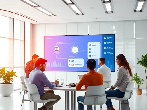 A futuristic, clean office setting with a diverse team collaborating around a large digital screen displaying data flow and a happy customer icon, symbolizing efficient customer service automation through a KakaoTalk chatbot. Bright, professional lighting.
