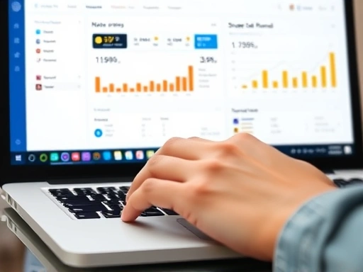 Close-up of a hand typing on a laptop, displaying KakaoTalk Channel's business dashboard with revenue charts and analytical tools, highlighting strategic planning.