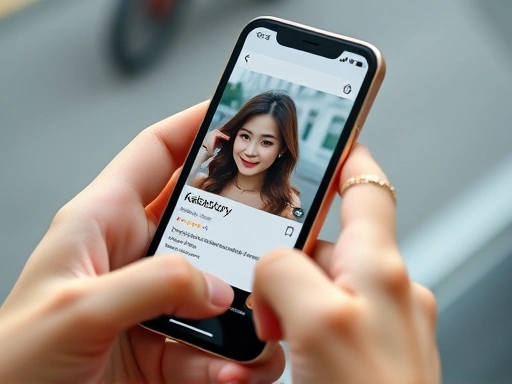A close-up shot of a smartphone screen displaying a popular KakaoStory influencer's engaging post, with hands holding the phone, emphasizing authentic user interaction and content consumption. SEO keywords: KakaoStory, influencer marketing, authentic content, user engagement.