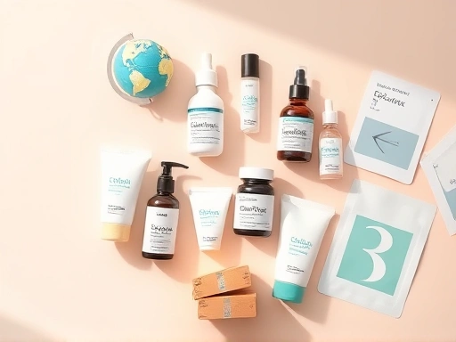 A detailed flat lay of various K-beauty products like serums, creams, and sheet masks, arranged neatly on a pastel background, with a small globe and mini shipping boxes, conveying global export and beauty. Soft, inviting light.