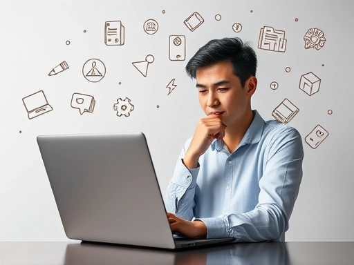 A person thoughtfully using a laptop, surrounded by icons representing various talents like design, writing, coding, and marketing, with money symbols subtly integrated into the background. The scene should convey the idea of earning side income through online talent selling platforms, with a focus on creativity and professionalism.