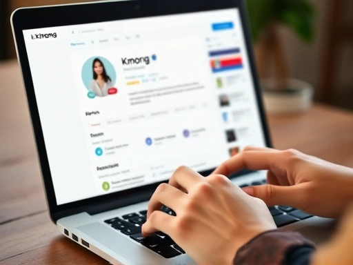 A close-up shot of a person's hands typing on a laptop, with a Kmong-like service listing visible on the screen, showing a clear, professional profile and service description. The image should highlight the detailed work involved in setting up an online talent selling business, emphasizing precision and readiness for clients.