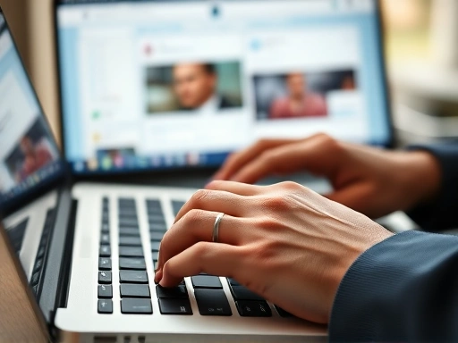 Close-up of hands typing on a laptop keyboard, with a blurred LinkedIn feed visible on screen, focusing on creating engaging B2B content. The scene is professional with warm, focused lighting.