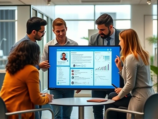 A diverse group of B2B marketing professionals collaborating around a digital display showing LinkedIn profiles and content analytics, symbolizing successful content creation and strategy for B2B. Professional, modern office setting.