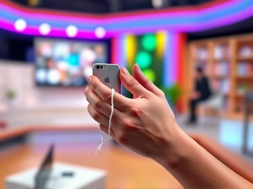 Close-up shot of a live commerce host's hands demonstrating a product, with a blurred background showing a vibrant studio setup. The focus is on product interaction and audience engagement, representing practical strategies for live commerce hosts.