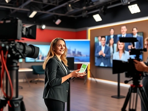 A professional female live commerce host energetically presenting a product on a modern set, surrounded by cameras and studio lights, engaging with an audience on a screen. The scene conveys enthusiasm and professionalism, focusing on live commerce host preparation.