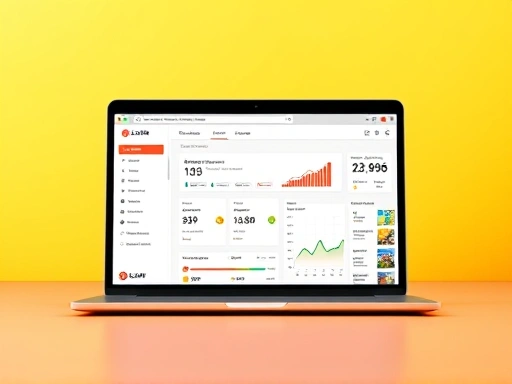 A vibrant image showing a Lotte ON seller dashboard on a laptop, with various sales statistics and product listings, emphasizing effective e-commerce management and growth.