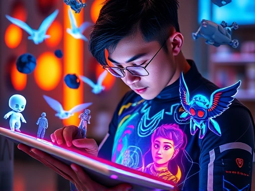 A person intensely focused, designing a vibrant, futuristic metaverse avatar on a large, glowing digital tablet, surrounded by floating holographic 3D models and digital art tools, conveying creativity and advanced technology.