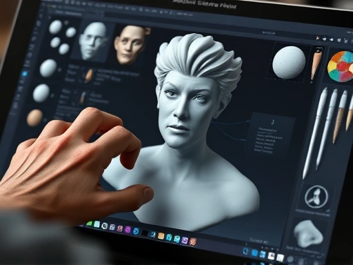Close-up shot of a hand meticulously sculpting a detailed 3D avatar model on a professional graphics tablet, with various digital sculpting tools and texture brushes visible on the screen, emphasizing precision and expertise in metaverse avatar design.