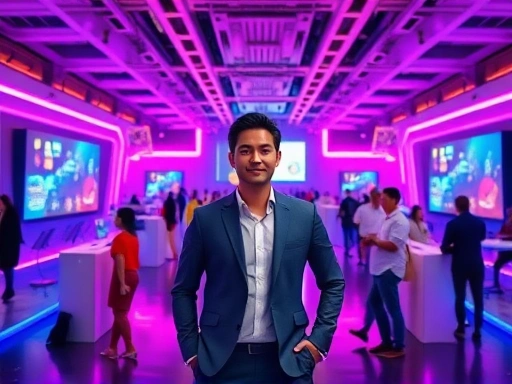 A professional event planner standing in a futuristic, vibrant metaverse corporate event space, with diverse avatars interacting and large screens displaying presentations. The atmosphere is innovative and engaging.