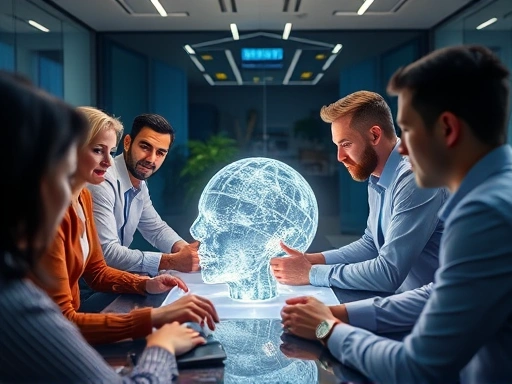 Close-up of a diverse group of professional avatars interacting with a holographic 3D model in a virtual meeting room, emphasizing collaborative metaverse design and strategic planning.