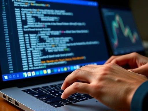Close-up of a developer's hands on a laptop keyboard, displaying code for an ad SDK integration, with mobile app monetization charts and diagrams faintly visible on the screen, emphasizing the technical aspect of ad implementation.
