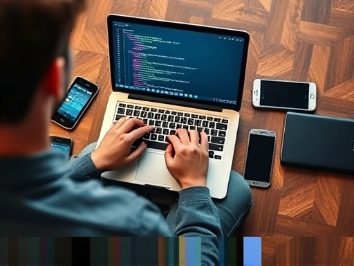 A high-angle shot of a person using a laptop with code on screen, surrounded by mobile devices, representing the mobile game development process. Focus on creativity and tech. SEO keywords: mobile game development, coding, tech setup.