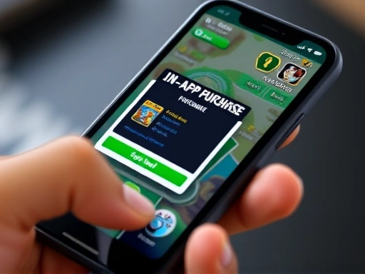 Close-up of a smartphone screen displaying a mobile game with an in-app purchase pop-up, showing virtual currency and item icons. Hand holding the phone. SEO keywords: in-app purchase, mobile game monetization, virtual currency.