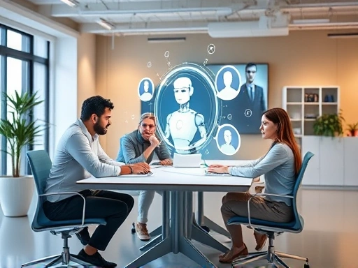 A modern, clean office environment with a diverse team collaborating around a table, while a futuristic hologram of a chatbot interface hovers, symbolizing efficient automation for SMEs, emphasizing technology integration.