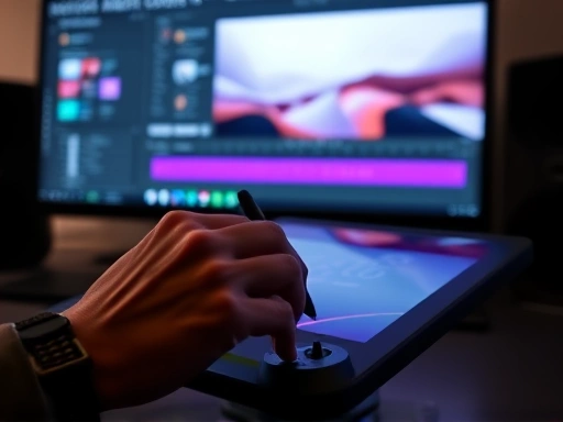 Close-up shot of a designer's hand using a graphic tablet, with After Effects interface visible on a monitor, illustrating the detailed work of motion graphic animation, creative process, focused atmosphere.