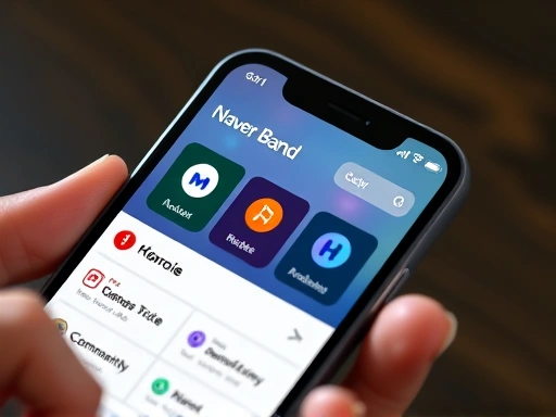 Close-up of a hand using a smartphone displaying a Naver Band community, with icons representing different monetization features like 