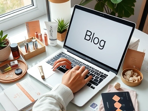 A person typing on a laptop, surrounded by various product samples (cosmetics, food, gadgets), with a subtle Naver Blog logo visible on the screen. The scene should be bright and evoke a sense of creative work and achievement in a modern home office setting.