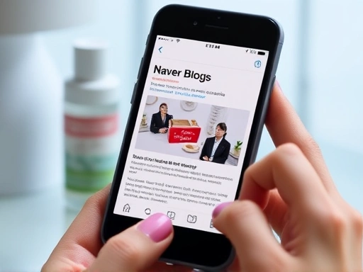 Close-up shot of a smartphone screen showing a Naver Blog post featuring a review of a product, with hands holding the phone. The product itself (e.g., a small cosmetic bottle) is blurred in the background, focusing on the blog content and the user's interaction.
