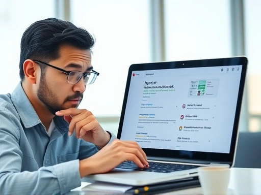 A person intently analyzing a laptop screen showing Naver search results and keyword data, with a thoughtful expression. The scene is bright and modern, emphasizing clarity and information.