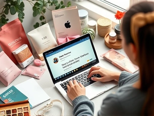 A person happily typing on a laptop, surrounded by various products (cosmetics, electronics, food) and receiving a notification on their phone about a successful blog review, symbolizing earning income from reviews. The scene should be modern and engaging, with soft, natural lighting. SEO keywords: Naver blog, review income, side hustle.