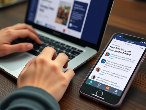 Close-up shot of hands typing on a laptop keyboard, with a blog post draft visible on the screen featuring a product review with high-quality photos. A smartphone lies next to the laptop, displaying a review group platform. The focus is on the detailed work of writing and managing reviews. SEO keywords: blog writing, review group, content creation.