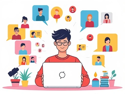A dynamic illustration of a person managing a vibrant online community, with speech bubbles, a laptop, and diverse user icons, representing engagement and growth in a digital space. Focus on effective communication and organization.