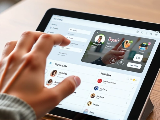 A close-up shot of a hand interacting with a tablet displaying Naver Cafe's interface, showing menu settings and a member list, emphasizing the detailed administrative tasks and strategic planning involved in community management.