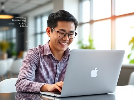 A person happily managing a laptop with Naver Cafe interface visible, surrounded by digital graphs indicating revenue growth, in a modern, well-lit office setting, focusing on online community management.