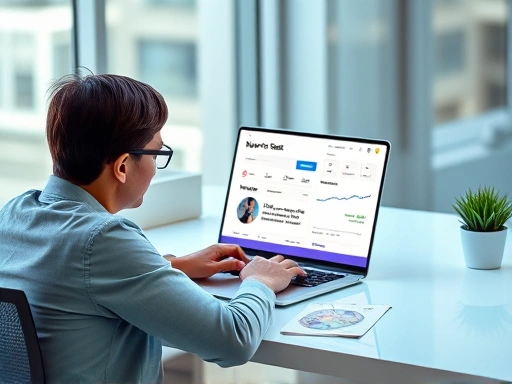 A person diligently working on a laptop at a bright, modern desk, focusing on a screen showing a Naver Post dashboard, with SEO keywords like 