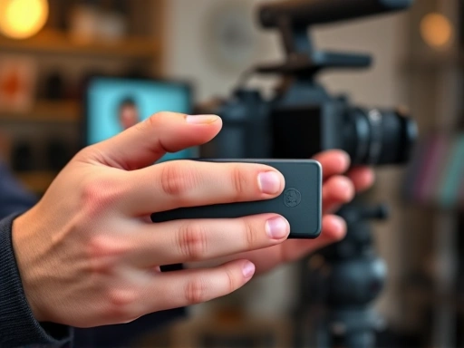 Close-up of a live commerce host's hands demonstrating a product, with a clear focus on product features and engaging gestures, professional camera setup in background, SEO keyword: live streaming guide.