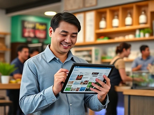 A confident small business owner reviewing their successful Naver Smartplace profile on a tablet, with their smiling staff and bustling cafe in the background, showcasing efficient online presence and growth. Focus on digital integration.