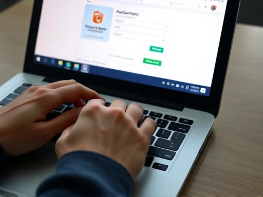A close-up shot of hands typing on a laptop keyboard, with the Naver Smartstore product registration page visible on the screen. The scene should convey a sense of focused work and detailed entry for an e-commerce platform.