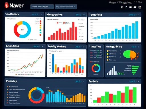 Wide shot of a bustling online e-commerce dashboard with various charts and graphs, representing Naver Shopping Smartstore optimization for sellers.