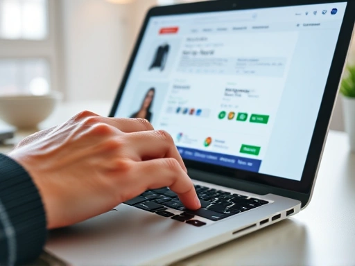 Close-up of a hand typing on a laptop keyboard, focused on a product detail page being optimized on a Naver Smartstore interface in a clean setting.